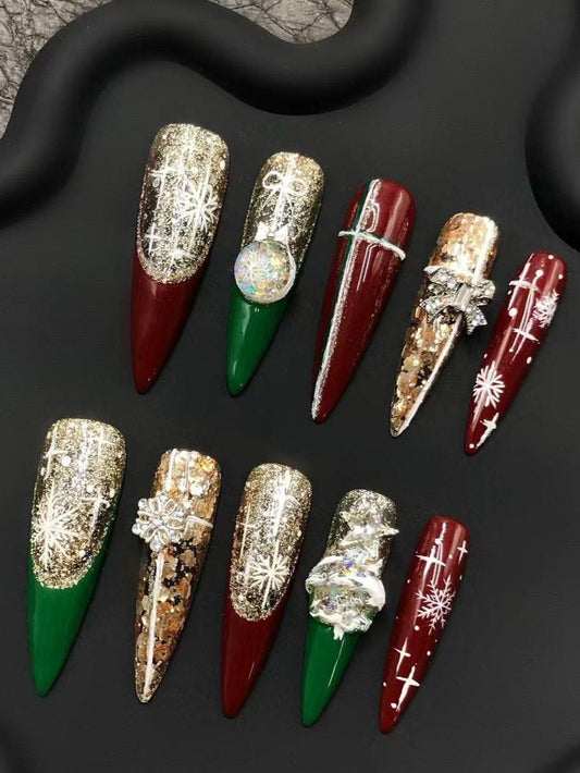 Luxury Christmas Press On Nails – Red, Green & Gold Snowflake Holiday Set Artificial reusable fake glue on faux manicure nails trendy art