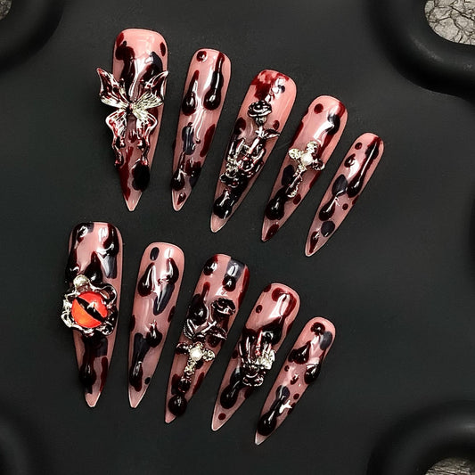 Bloody Drip Gothic Press On Nails – Black Chrome & 3D Cross Charm Horror Set Artificial reusable fake glue on faux manicure nails trendy art