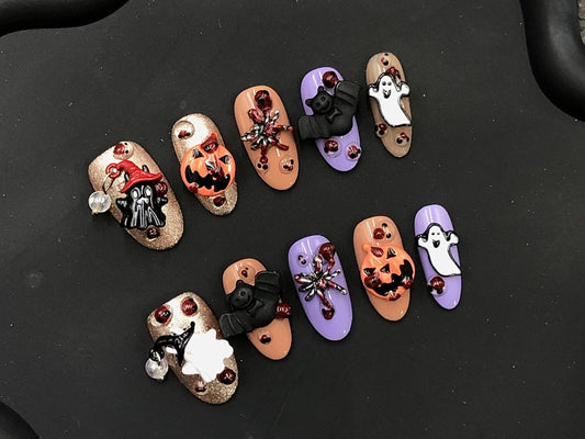 Kawaii Halloween Press On Nails – Ghost, Bat & Pumpkin Spooky Cute Set Artificial reusable fake glue on faux manicure nails trendy art