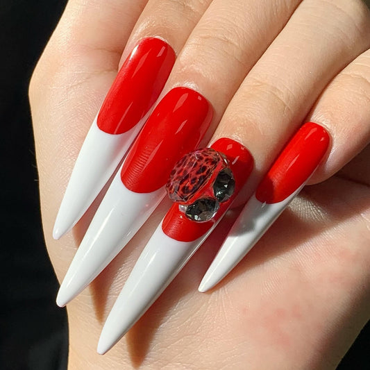 Vampire Fang French Press On Nails – Red & White Stiletto with Gothic Gem Accent Artificial reusable fake glue on faux manicure nails trendy