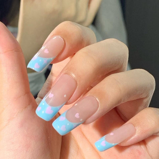 Blue Cloudy Day Press-On Nails – Long Coffin Clear Tips with Heart Accents Artificial reusable fake glue on faux manicure nails trendy art