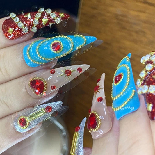 Glam Royal Gem Press-On Nails – Mixed Metallic Design with Rhinestones & Hearts glue on artificial faux reusable nail art