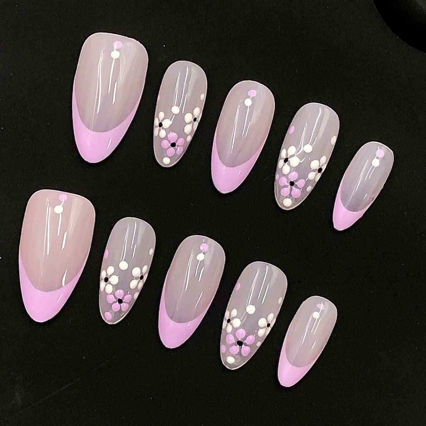 Lilac French Tip Press-On Nails with Polka Dot Flower Accents–Soft Spring Floral Nail Set Artificial reusable fake glue on faux nails art