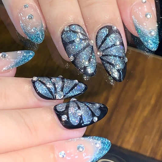 Teal Glitter Press-On Nails with Butterfly Wings & Rhinestones–Elegant Sparkle Nail Set Artificial reusable fake glue on manicure nails art
