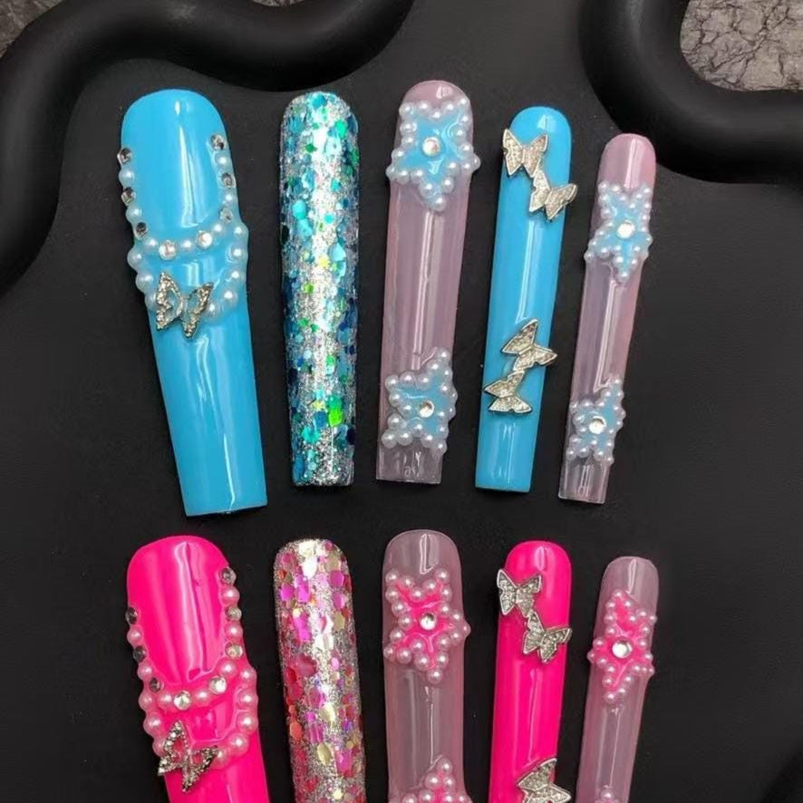 Kawaii Pearl Glitter Press-On Nails with Butterfly Charms–Pink&Blue Extra Long Nail Set Artificial reusable fake glue on manicure nails art