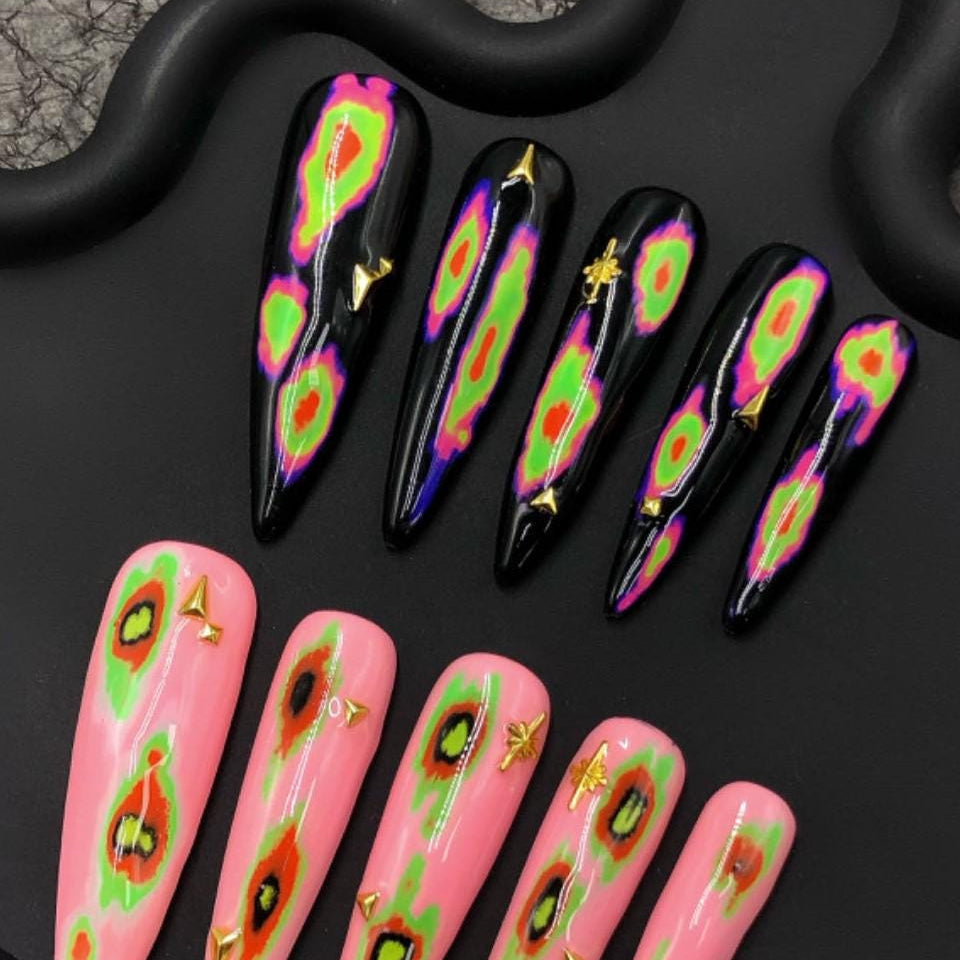 Heat Map Press-On Nails – Trippy Neon Psychedelic Nail Set with Gold Studs Artificial reusable fake glue on faux manicure nails trendy art