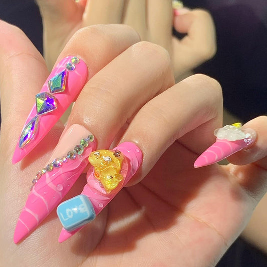 Kawaii Chaos Press-On Nails – Hot Pink Swirl with 3D Charms & Cartoon Accents Manicure glue on artificial fake faux reusable trendy nail