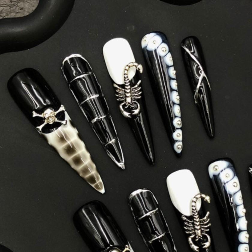 Dark Venom Press-On Nails Black & White Gothic Set with Scorpion and Skull Charms Manicure glue on artificial fake faux reusable trendy nail