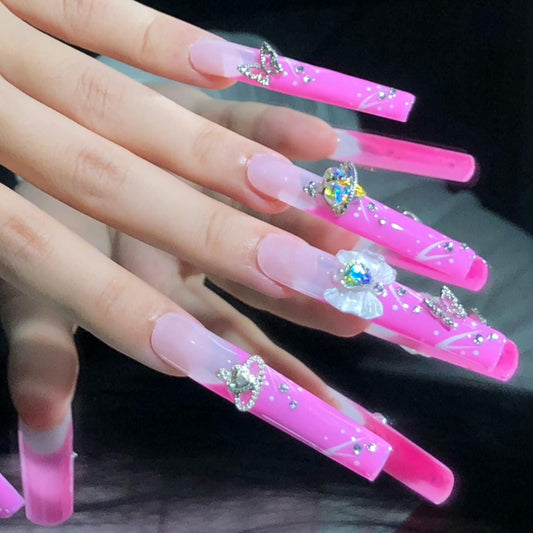 Hot Pink Ombre Press-On Nails with Rhinestone Charms – Glam Celestial Butterfly Nail Set