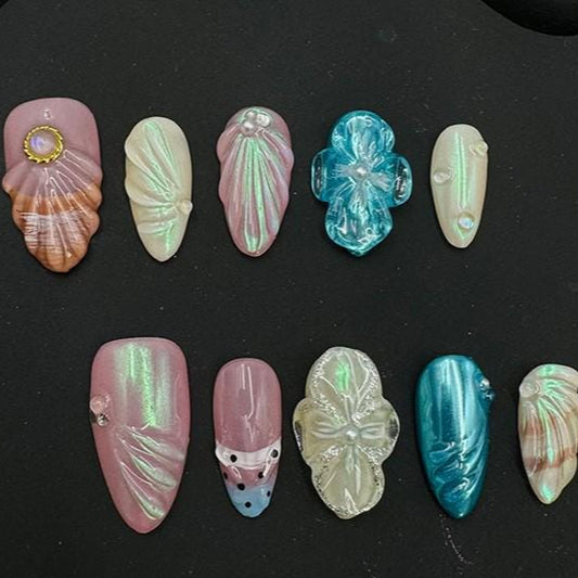 Ocean-Inspired 3D Shell & Floral Press-On Nails – Iridescent Mermaidcore Nail Set reusable fake glue on faux manicure nails trendy art