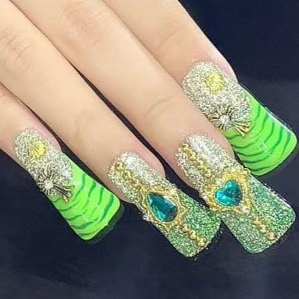 Emerald Jungle Glam Press-On Nails – Glitter Green with Gold Charms & Zebra Print Manicure glue on artificial fake faux reusable trendy nail