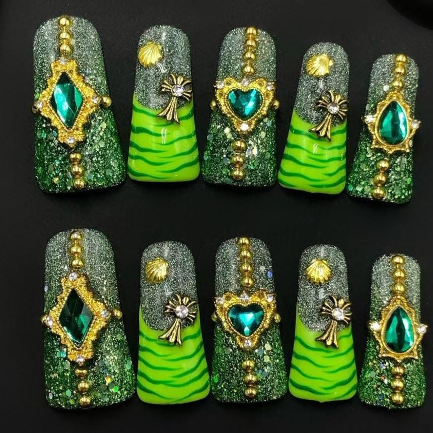 Emerald Jungle Glam Press-On Nails – Glitter Green with Gold Charms & Zebra Print Manicure glue on artificial fake faux reusable trendy nail