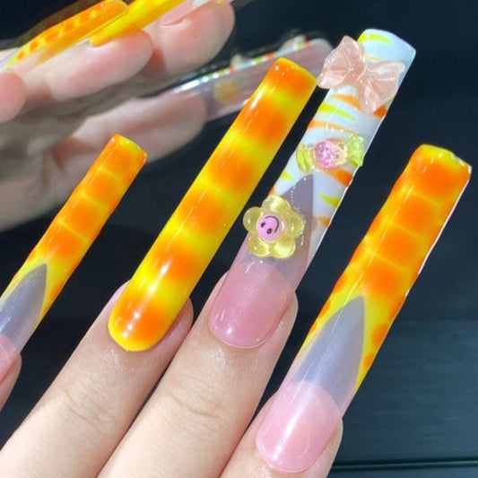 Candy Swirl Press-On Nails with 3D Bears, Bows & Ombre Flames – Fun Y2K Kawaii Nail Set