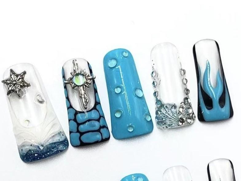 Arctic Ocean Vibe Press-On Nails Blue Fantasy Set with 3D Charms & Water Droplets Manicure glue on artificial fake faux reusable trendy nail