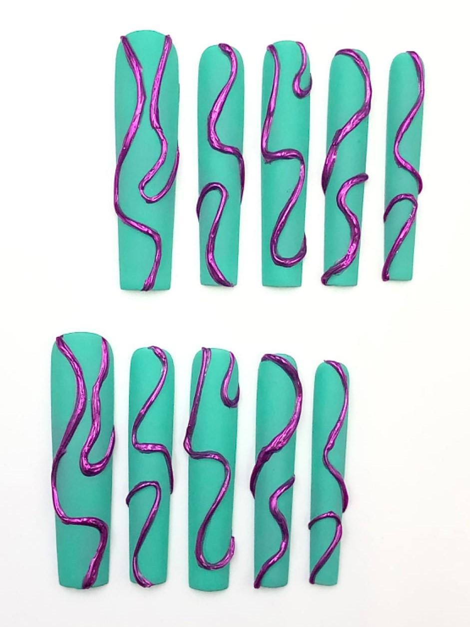 Teal Matte Press-On Nails with Metallic Purple Abstract Swirls Modern Minimalist Nail Set Artificial reusable fake glue on faux nails  art
