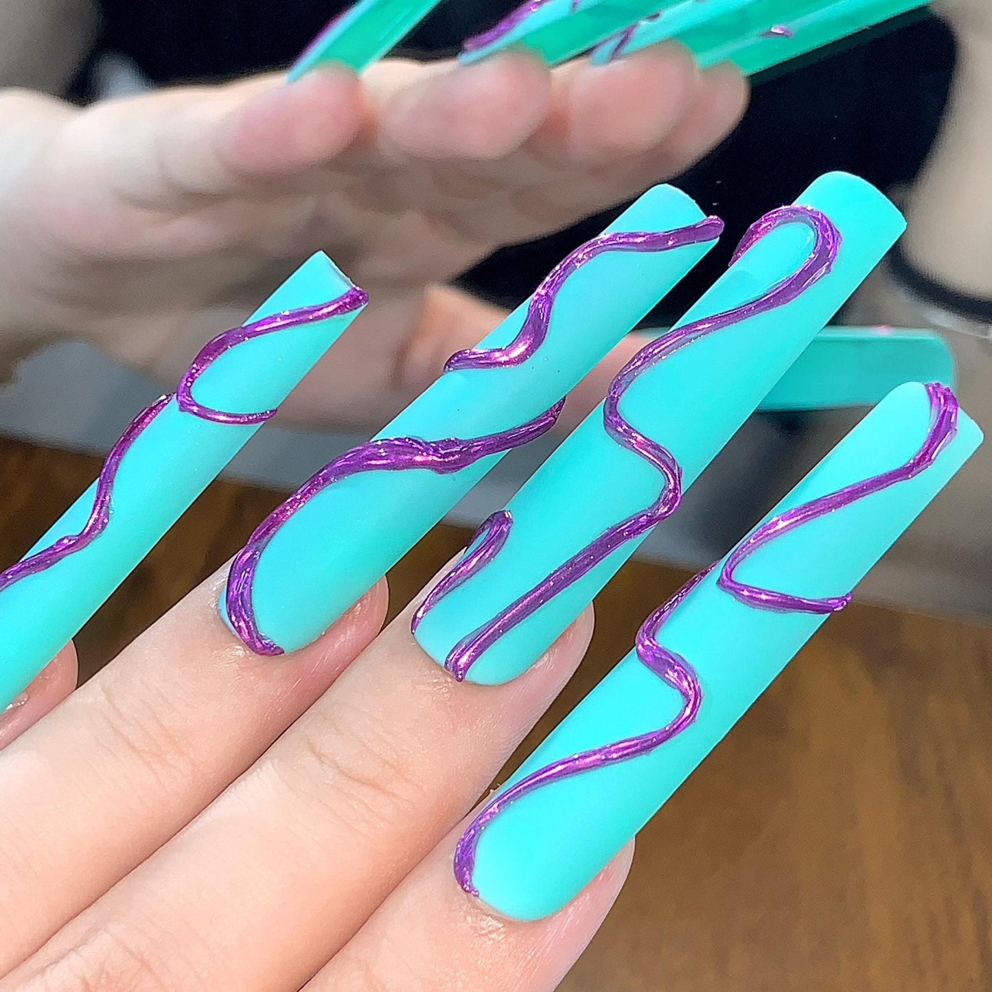Teal Matte Press-On Nails with Metallic Purple Abstract Swirls Modern Minimalist Nail Set Artificial reusable fake glue on faux nails  art