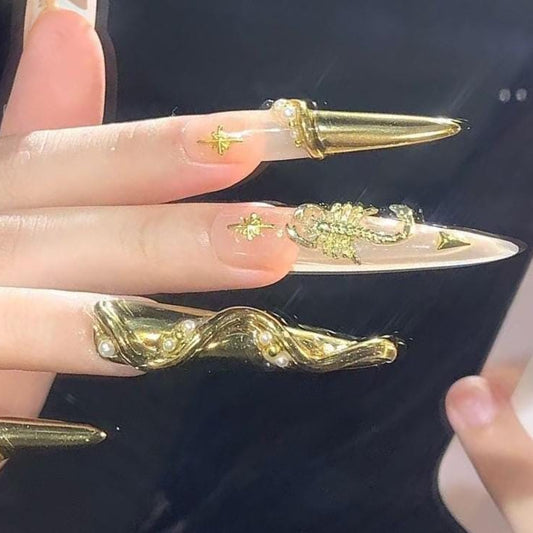 Golden Scorpion Luxe Press-On Nails Nude Stilettos with 3D Charms & Pearl Accents Manicure glue on artificial fake faux reusable trendy nail