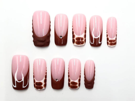 Chocolate Drip & Swirl Press-On Nails – Nude Brown Sculpted Gloss Nail Set Artificial reusable fake glue on faux manicure nails trendy art
