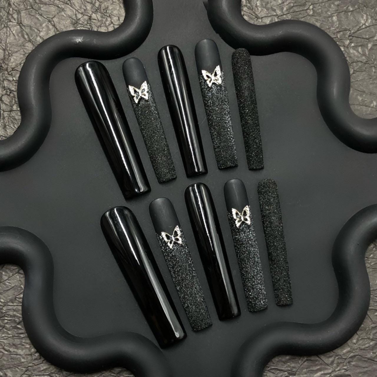 Black Velvet Butterfly Press-On Nails – Matte & Glossy Texture Long Nail Set Artificial reusable fake glue on faux manicure nails trendy art