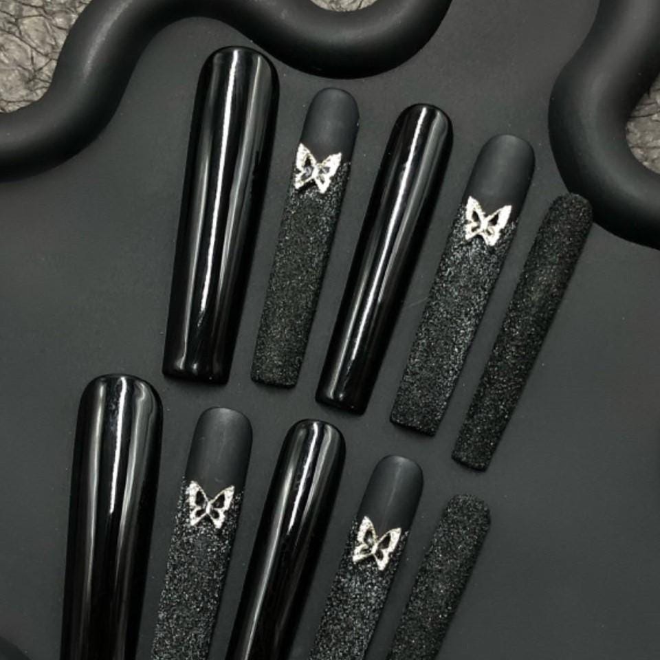 Black Velvet Butterfly Press-On Nails – Matte & Glossy Texture Long Nail Set Artificial reusable fake glue on faux manicure nails trendy art