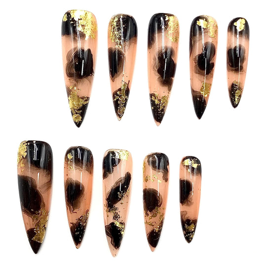 Luxury Black & Gold Foil Abstract Press-On Nails – Coffin Shape Manicure glue on artificial fake faux reusable trendy nail