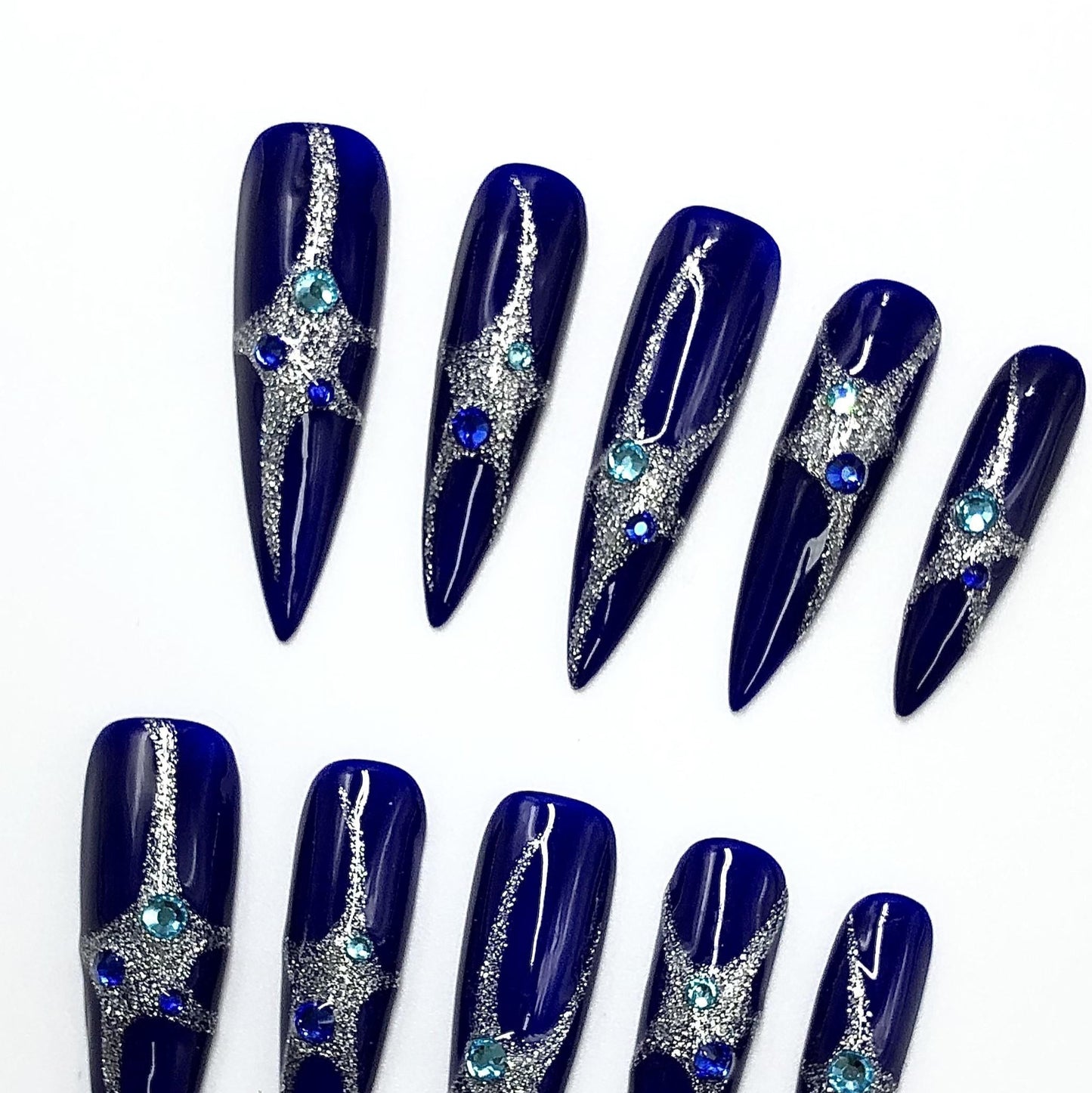 Midnight Galaxy Press-On Nails – Royal Blue with Silver Glitter & Rhinestones Manicure glue on artificial fake faux reusable trendy nail