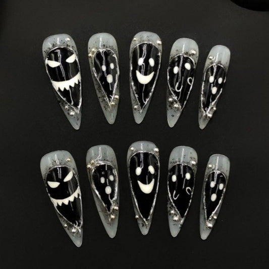 Spooky Face Glow Press On Nails – Black & Gray Ghost Halloween Set Artificial reusable fake glue on faux manicure nails trendy art