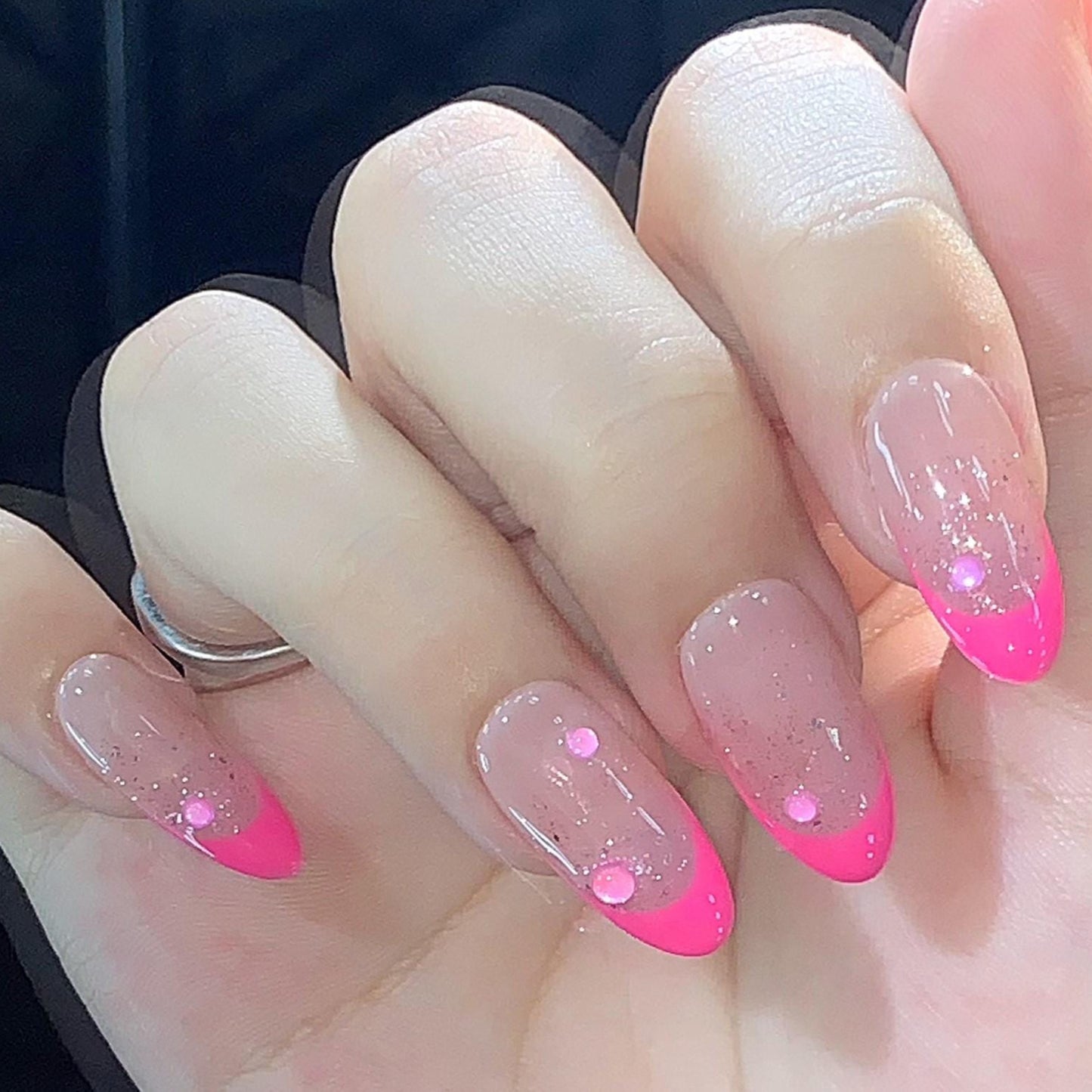 Hot Pink Splash Press On Nails – Glitter Gradient with Droplet Gems Artificial reusable fake glue on faux manicure nails trendy art