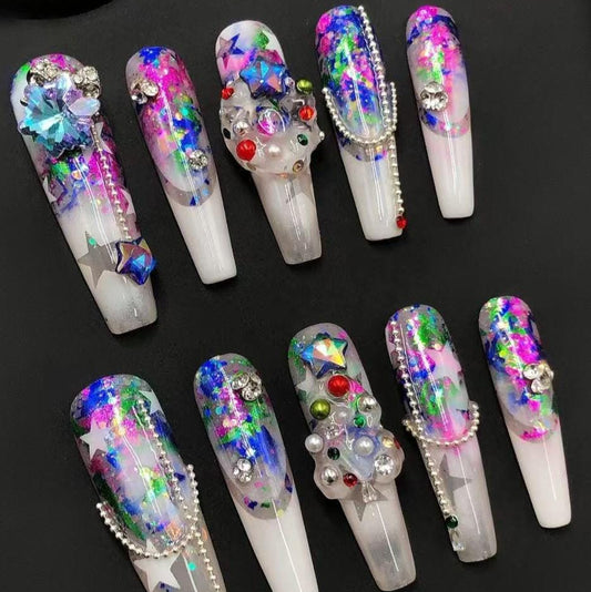 Cosmic Confetti Extravaganza Press-On Nails–Rhinestone & Glitter Galaxy Tips Artificial reusable fake glue on faux manicure nails trendy art