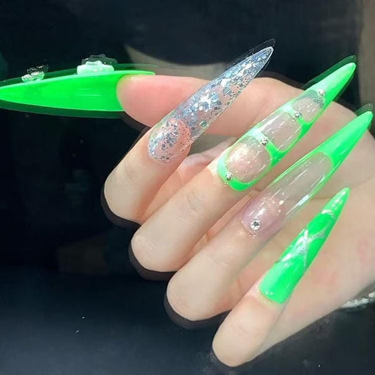 Neon Fairycore Press-On Nails Green Chrome with Pearls Glitter & Butterfly Charms Manicure glue on artificial fake faux reusable trendy nail