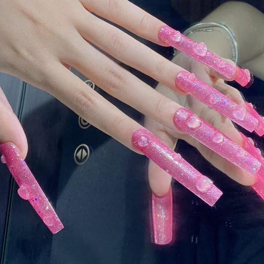Glitter Pink Press-On Nails with 3D Hearts – Sparkly Valentine Glam Set Artificial reusable fake glue on faux manicure nails trendy art