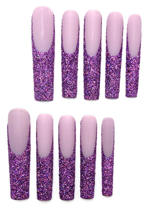 Purple Glitter Ombre Press-On Nails – Sparkly Lavender Glam Set Artificial reusable fake glue on faux manicure nails trendy art