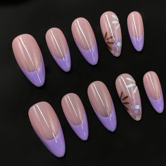 Lavender French Tip Press-On Nails with Minimal Floral Accent Artificial reusable fake glue on faux manicure nails trendy art