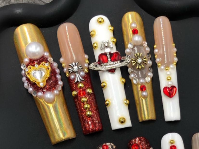 Gothic Royal Press-On Nails – Red Gold White with Crosses Hearts & Pearls Manicure glue on artificial fake faux reusable trendy nail