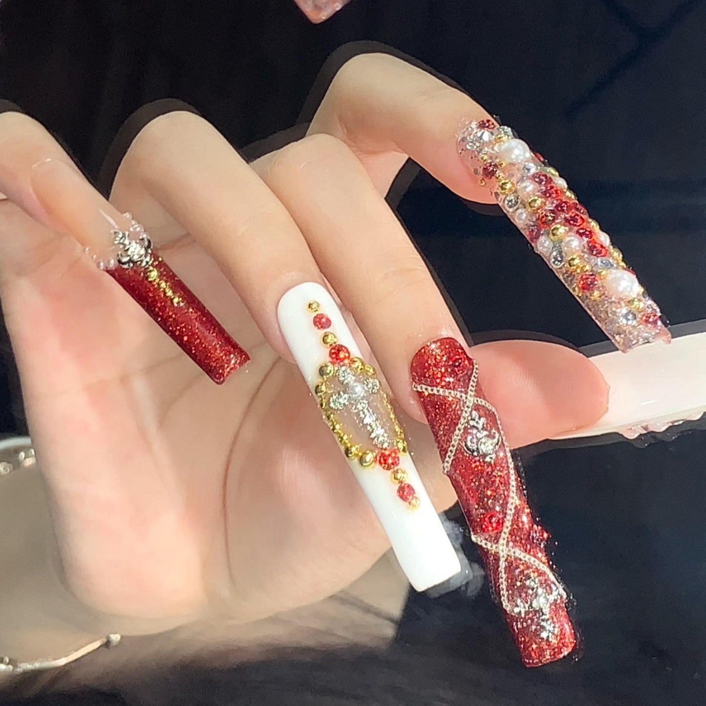 Gothic Royal Press-On Nails – Red Gold White with Crosses Hearts & Pearls Manicure glue on artificial fake faux reusable trendy nail