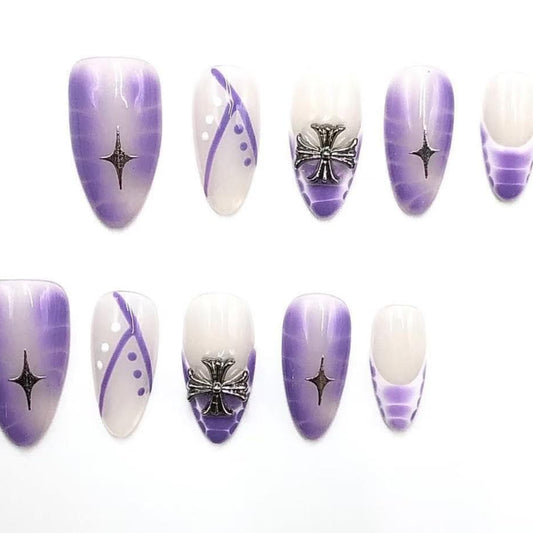Purple Cat-Eye Press-On Nails with Star Accents & Cross Charms Artificial reusable fake glue on faux manicure nails trendy art