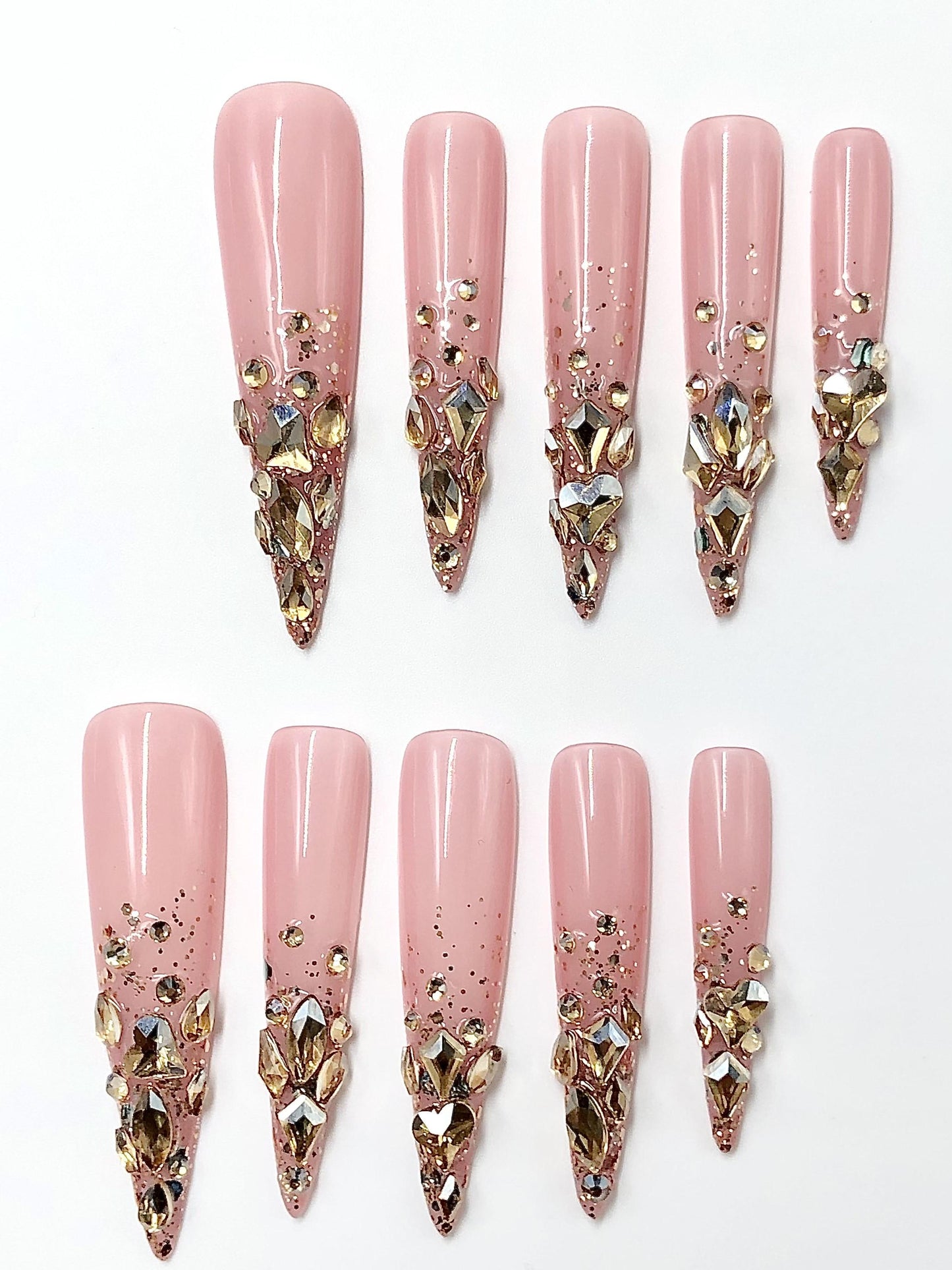 Rose Quartz Glam Press-On Nails – Pink with Gold & Crystal Rhinestones Manicure glue on artificial fake faux reusable trendy nail