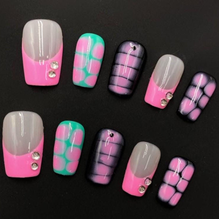 Retro Grid & Pop Dot Press-On Nails – Pink Gray Teal with Rhinestone Accents Manicure glue on artificial fake faux reusable trendy nail