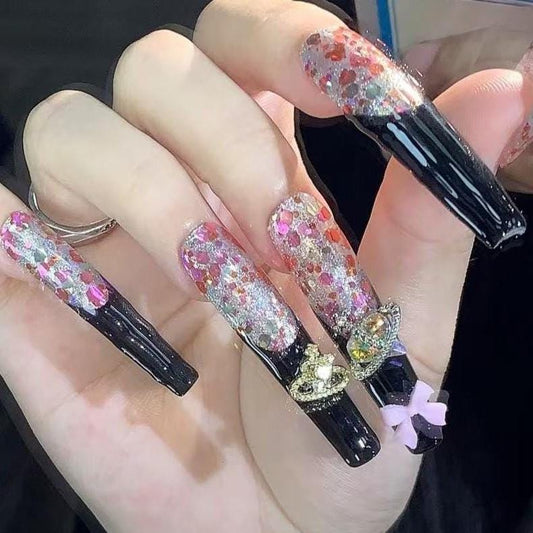 Glitter Galaxy Press-On Nails – Black Tips with Planet Charms & Bows Artificial reusable fake glue on faux manicure nails trendy art