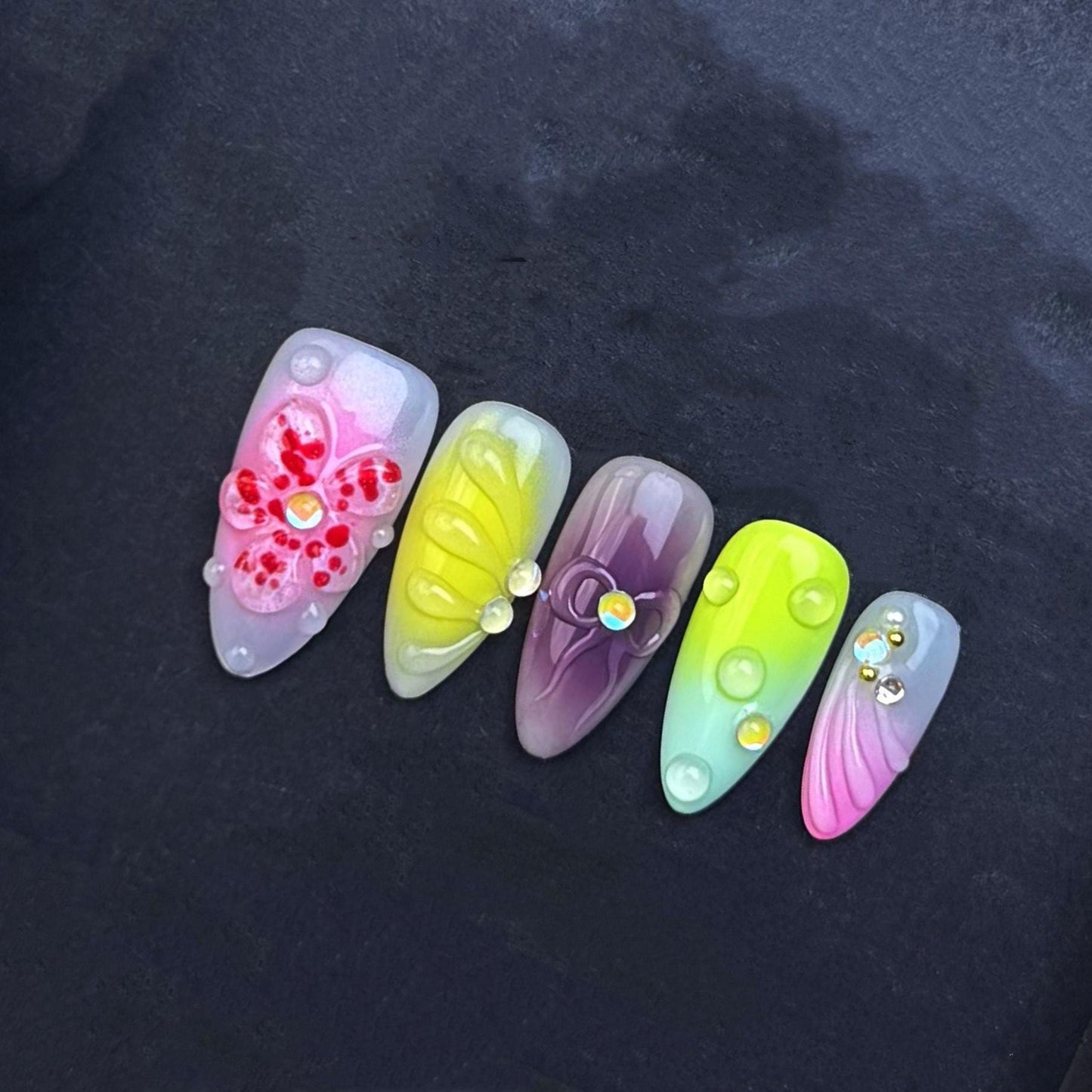Colorful 3D Tropical Garden Press-On Nail Set – Summer Floral Fantasy. Artificial reusable fake glue on faux manicure nails trendy art.