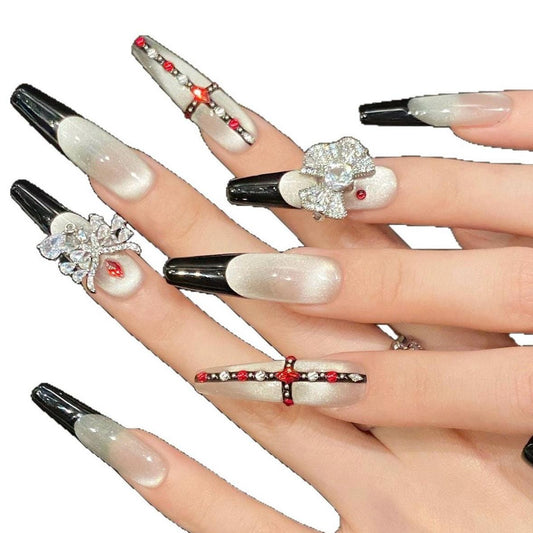 Black & Pearl Luxe Press-On Nails with Rhinestone Bows and Cross Charms Artificial reusable fake glue on faux manicure nails trendy art