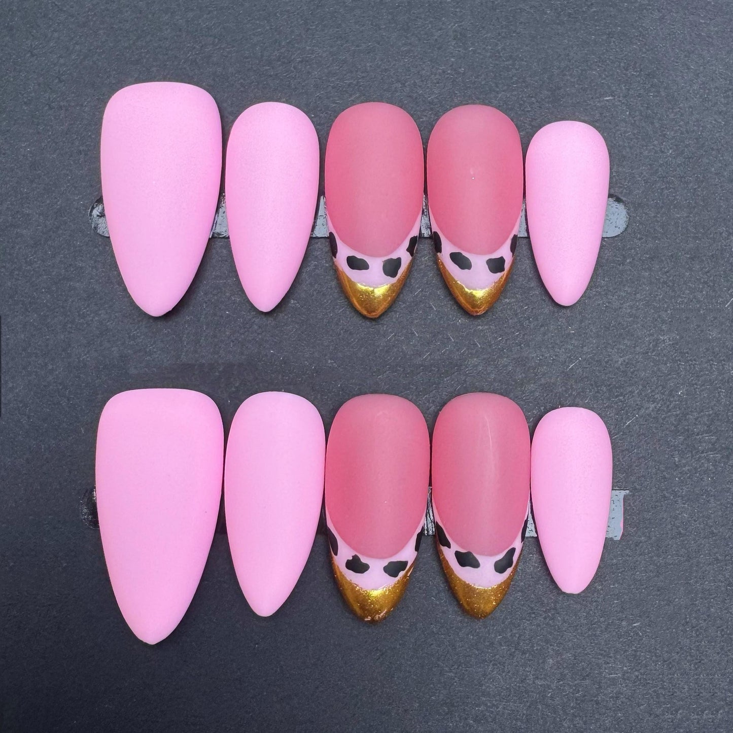 Matte Pink and Leopard Tip Press-On Nail Set – Wild Glam in Soft Tones. Artificial reusable fake glue on faux manicure nails trendy art.