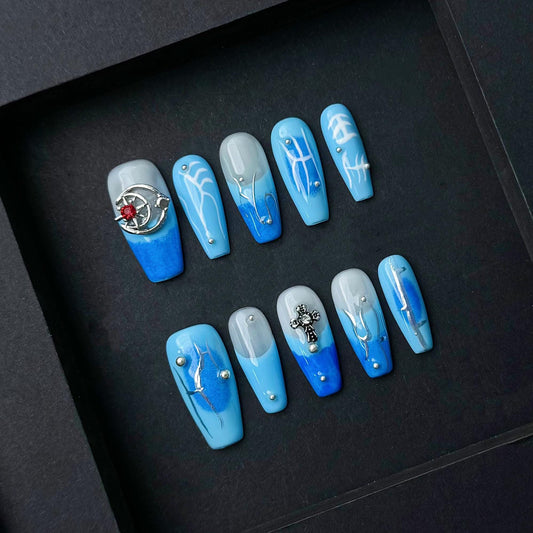 Ocean Blue Gothic Press-On Nails with Chrome Charms and Silver Details – Long Coffin. Artificial reusable fake faux manicure trendy art.