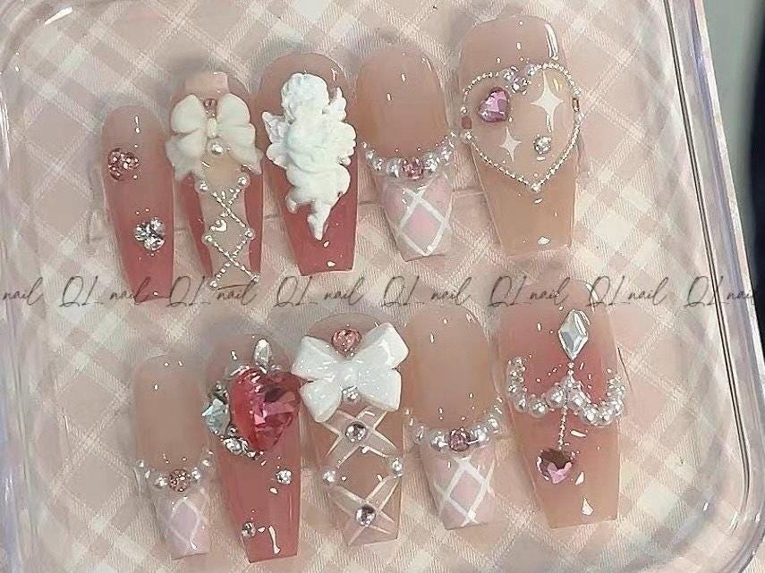 Angelcore Press On Nails with 3D Cherub Hearts Bows and Pearls in Soft Pink and Nude Lolita Romantic Kawaii Long Handmade Nail Art