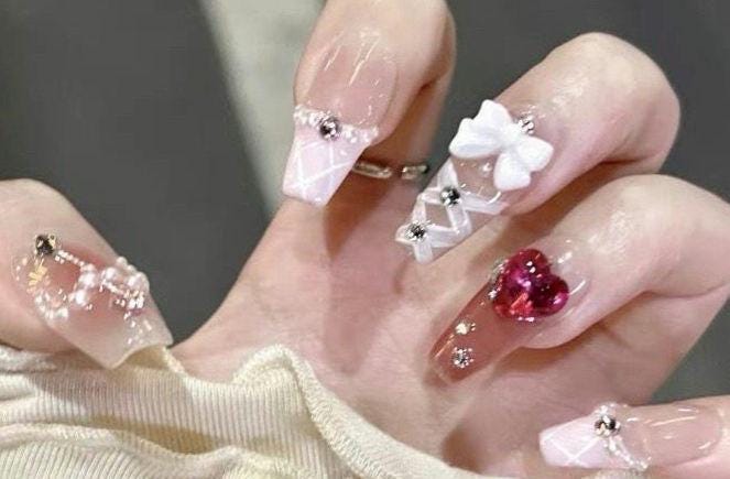 Angelcore Press On Nails with 3D Cherub Hearts Bows and Pearls in Soft Pink and Nude Lolita Romantic Kawaii Long Handmade Nail Art