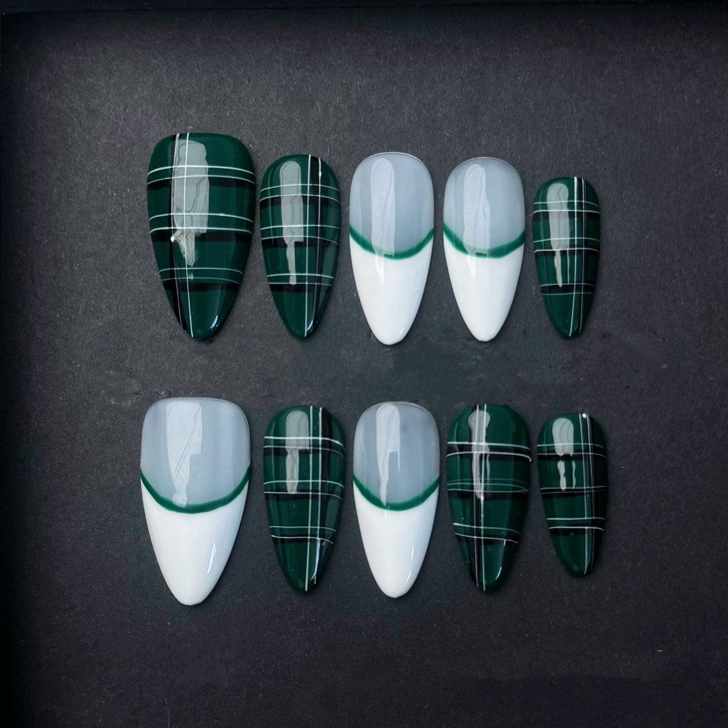 Emerald Green Plaid and French Tip Press-On Nails – Bold Modern Tartan Set. Artificial reusable fake glue on faux manicure nails trendy art.