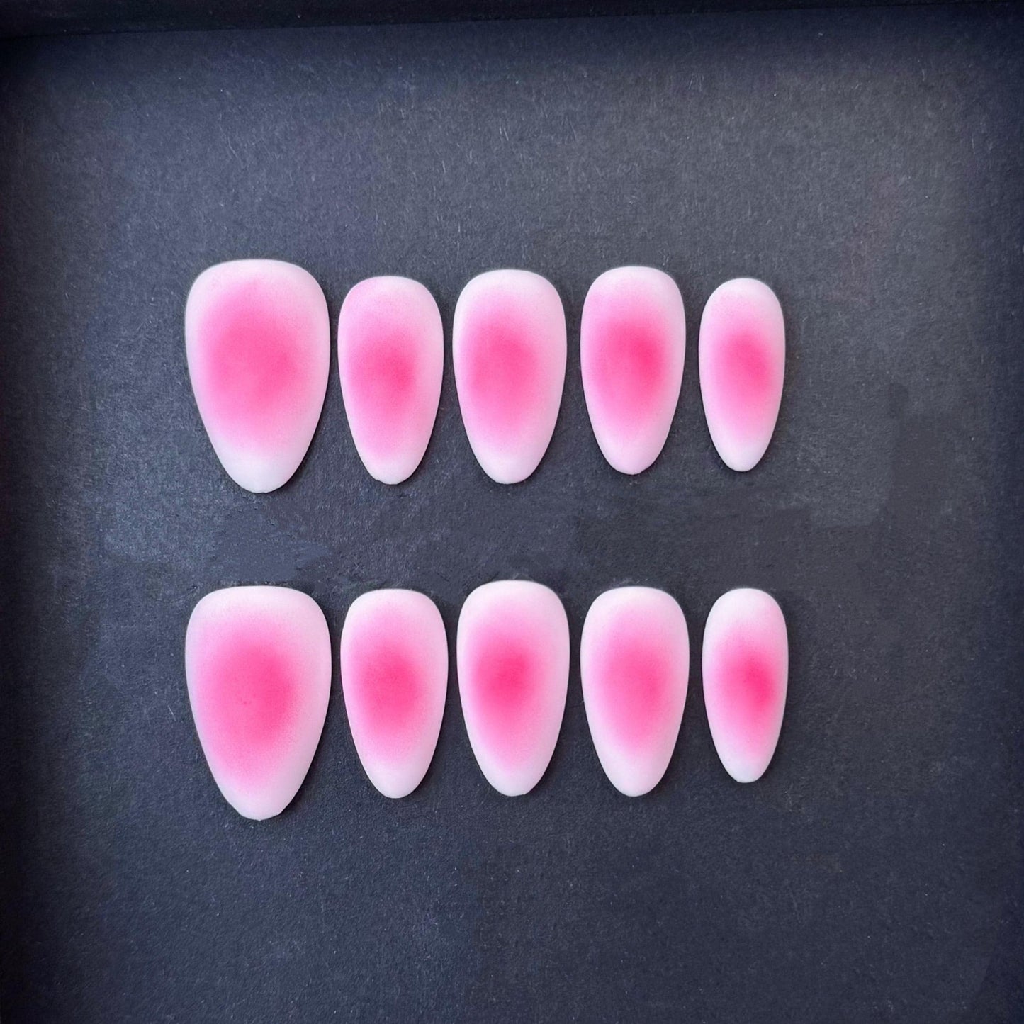 Soft Petal Pink Gradient Matte Press-On Nails. Artificial reusable fake glue on faux manicure nails trendy art.