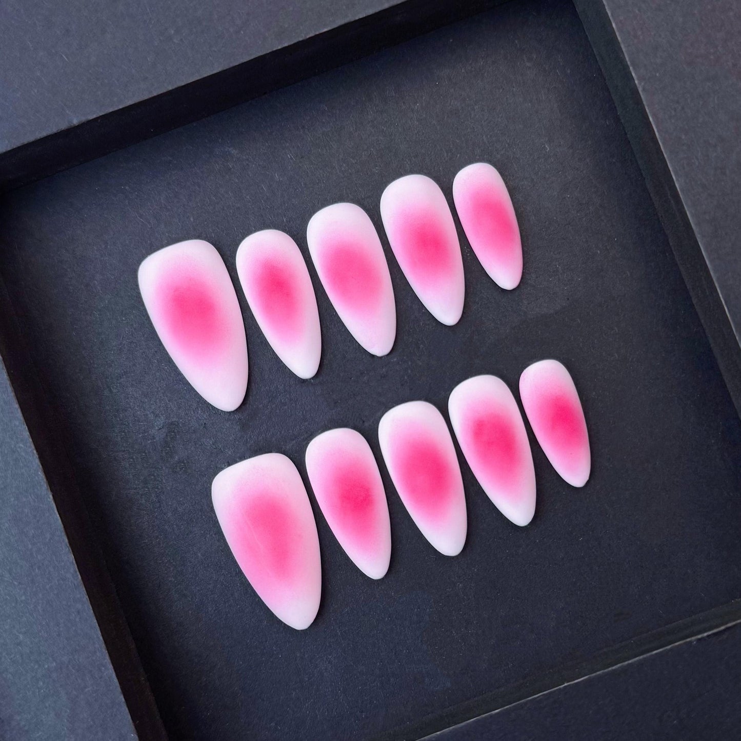 Soft Petal Pink Gradient Matte Press-On Nails. Artificial reusable fake glue on faux manicure nails trendy art.