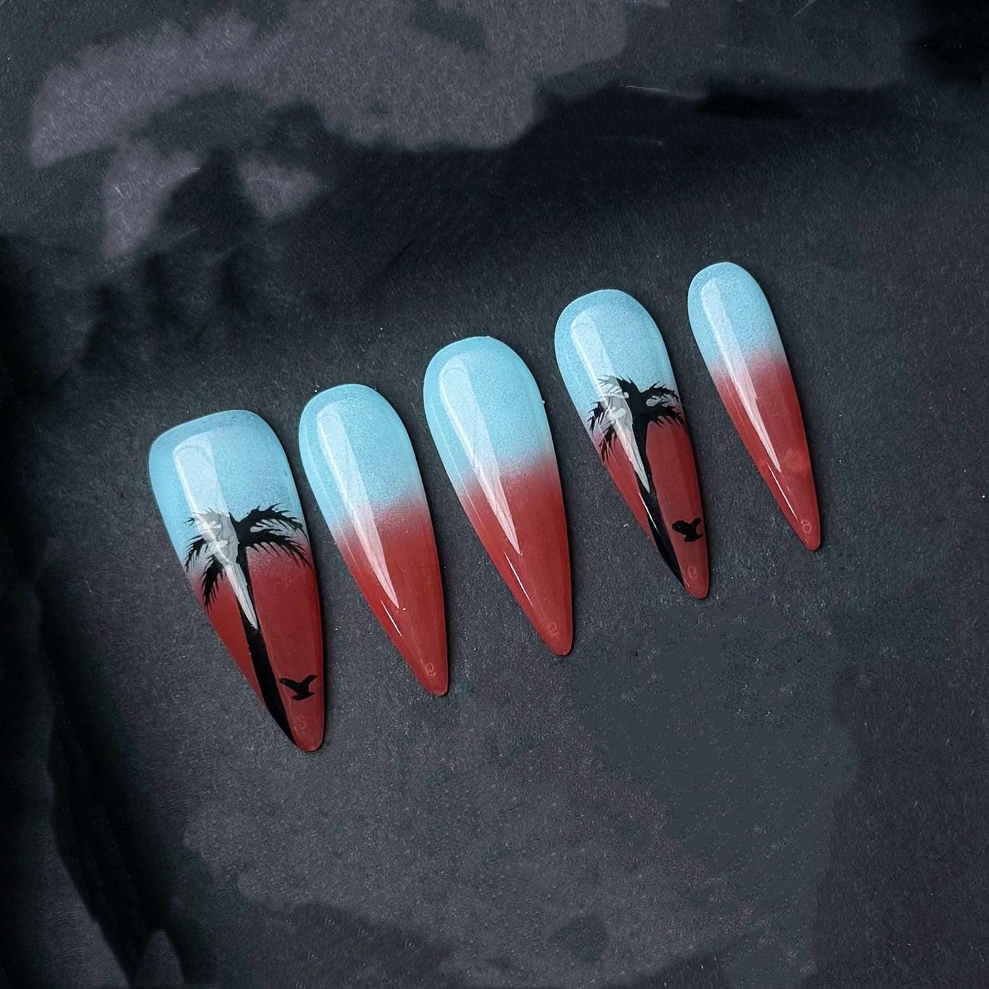 Tropical Sunset Ombre Press-On Nails with Palm Tree Silhouettes. Long Stiletto Set. Artificial reusable fake faux manicure nails trendy art.