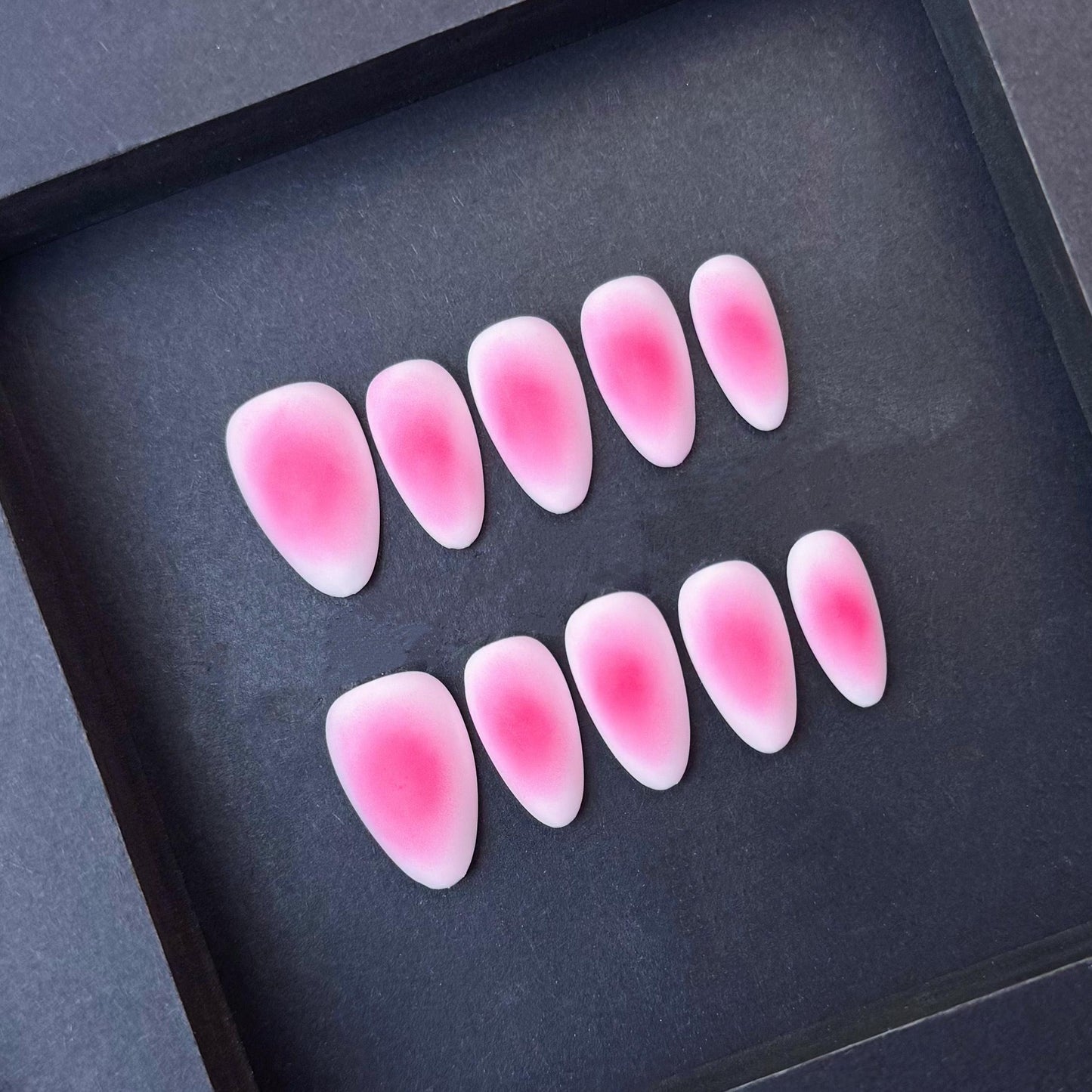 Soft Petal Pink Gradient Matte Press-On Nails. Artificial reusable fake glue on faux manicure nails trendy art.